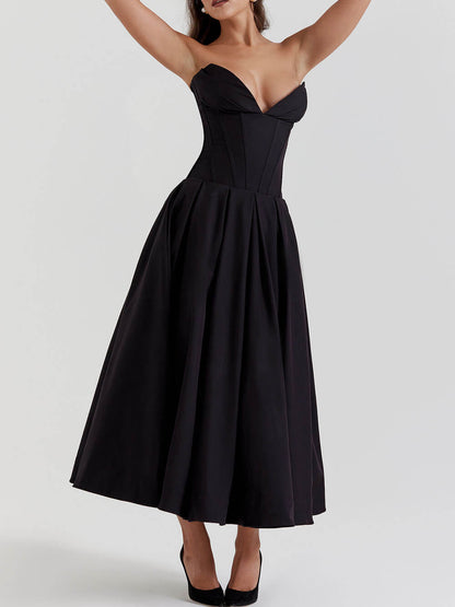 Hanne | Elegante Vestido Midi Negro Sin Tirantes