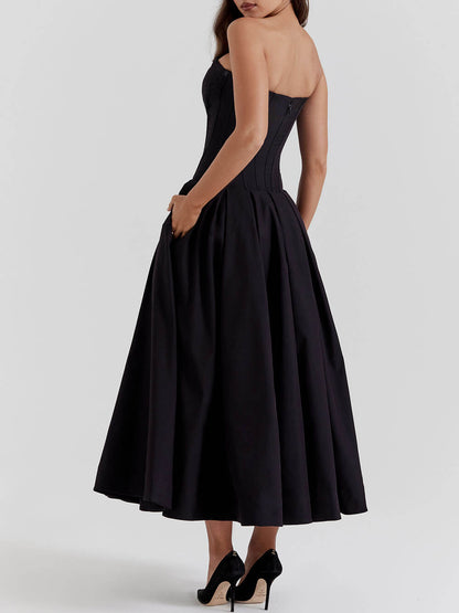 Hanne | Elegante Vestido Midi Negro Sin Tirantes