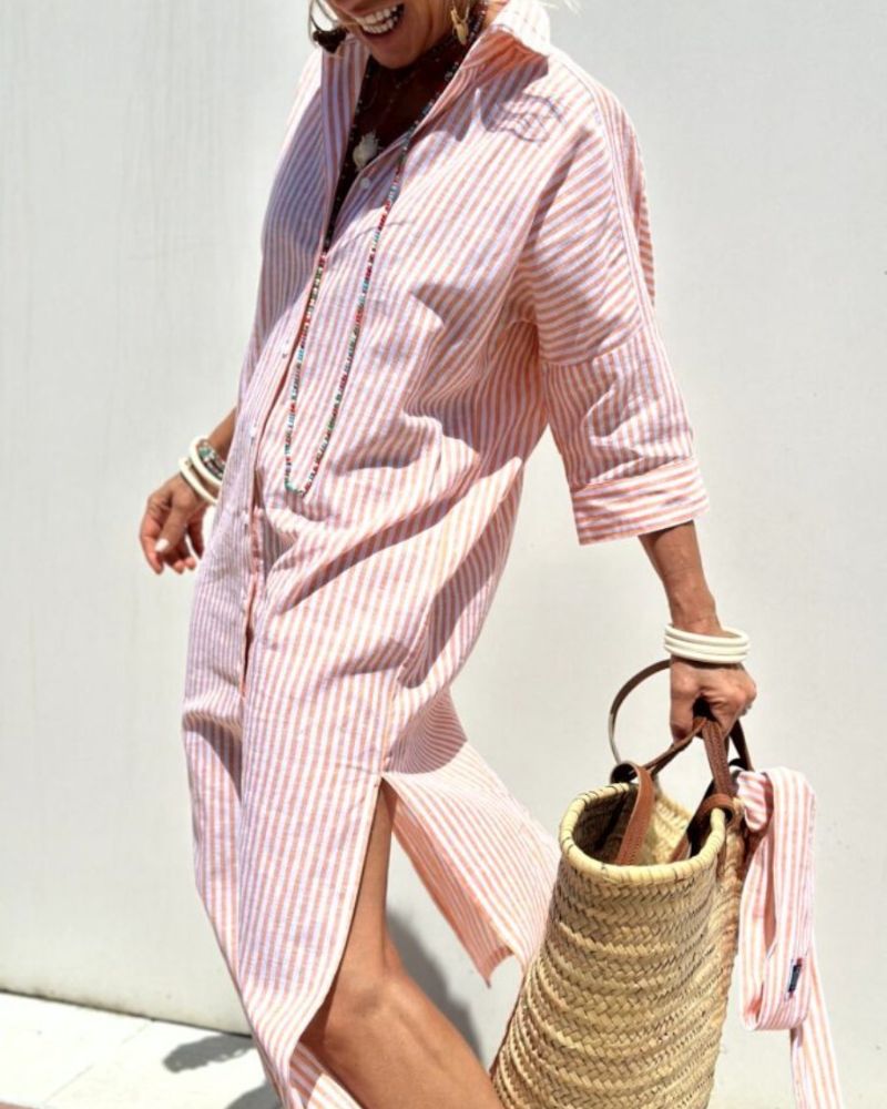Elena™ - Vestido Camisero A Rayas Clásicas