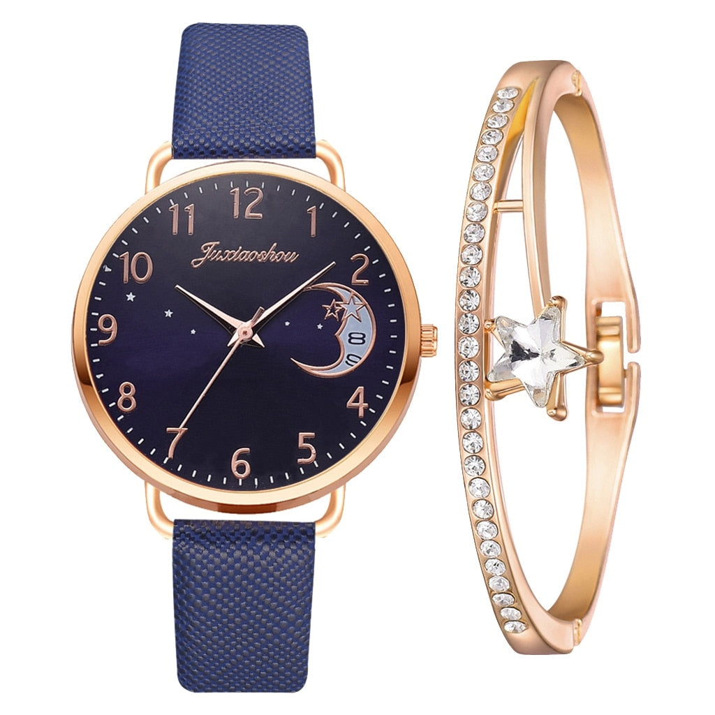 Reloj con esfera de números lunares y juego de pulseras