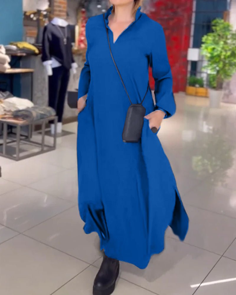 EVIA™ | VESTIDO LARGO FLOJO CON REVERS Y RENDIJA LATERAL