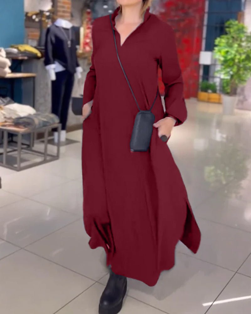 EVIA™ | VESTIDO LARGO FLOJO CON REVERS Y RENDIJA LATERAL