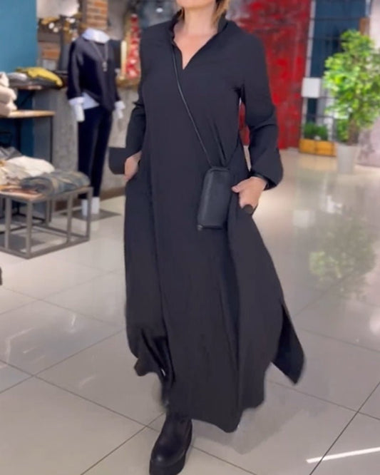 EVIA™ | VESTIDO LARGO FLOJO CON REVERS Y RENDIJA LATERAL