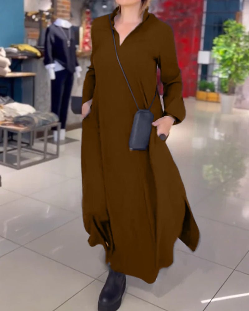 EVIA™ | VESTIDO LARGO FLOJO CON REVERS Y RENDIJA LATERAL