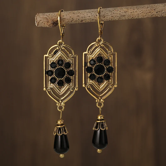 Pendientes Vintage con Cristales Negros Colgantes